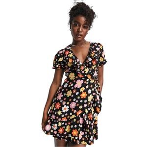 Miss Selfridge Frill Ruffle Wrap Mini‎ Tea Dress Retro Floral Black Size 4